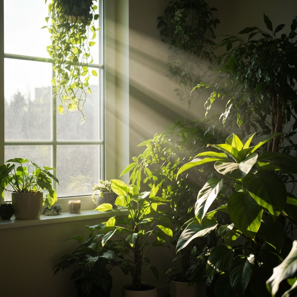 Morning sunlight through window with plants
